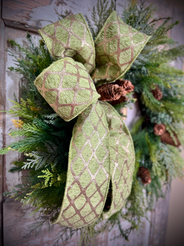 Woodland Cedar and Pine Christmas Wreath with Pine Cones -Designer Ribbon Bow and Gold Bells