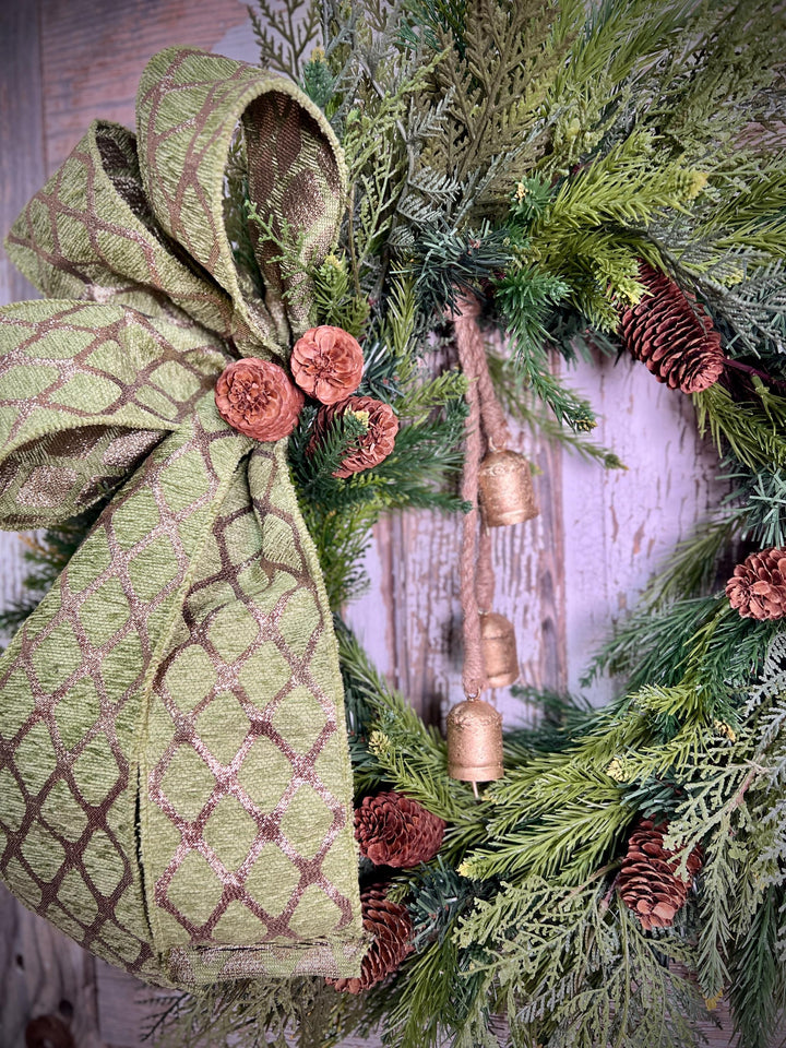 Woodland Cedar and Pine Christmas Wreath with Pine Cones -Designer Ribbon Bow and Gold Bells