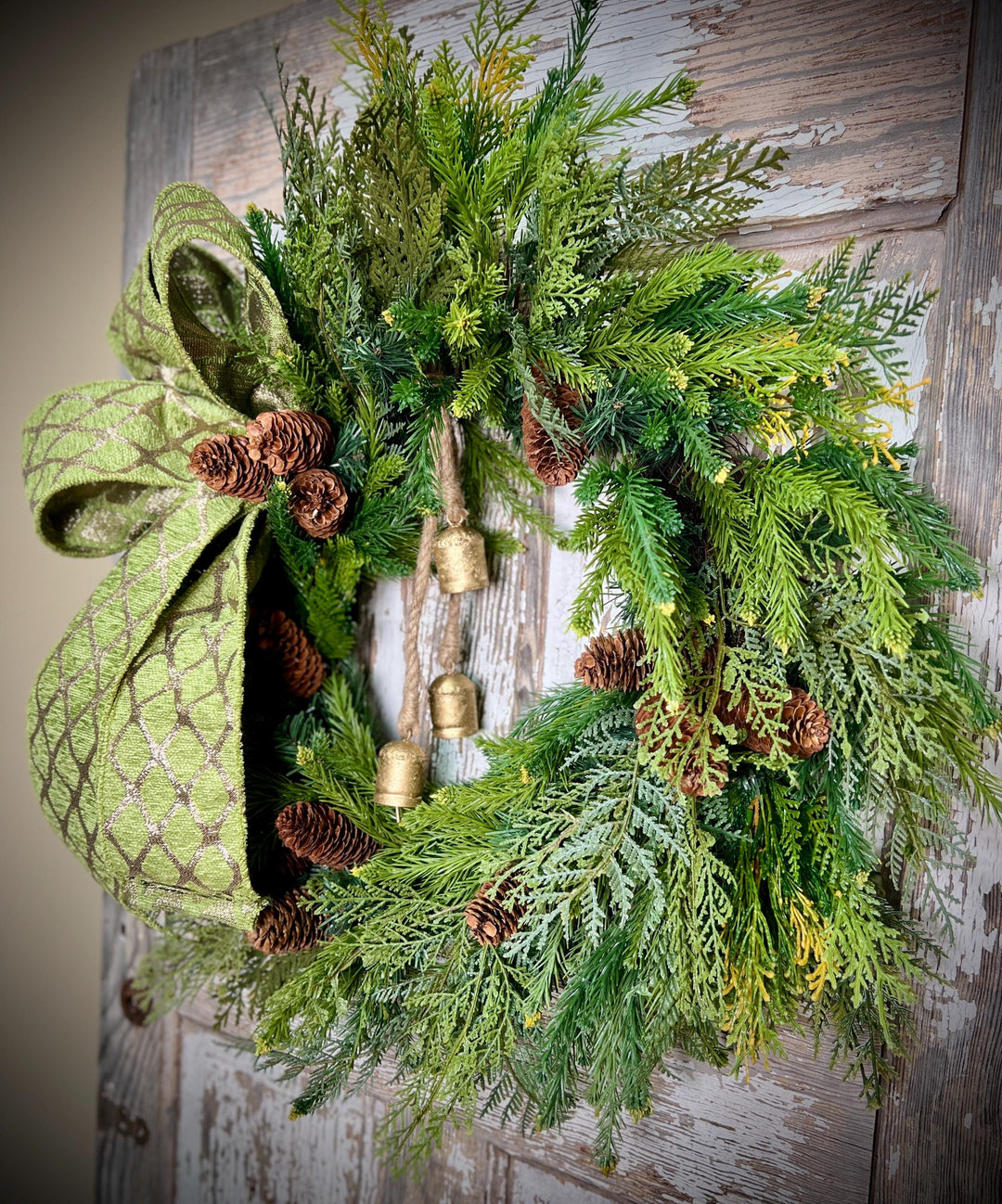 Woodland Cedar and Pine Christmas Wreath with Pine Cones -Designer Ribbon Bow and Gold Bells