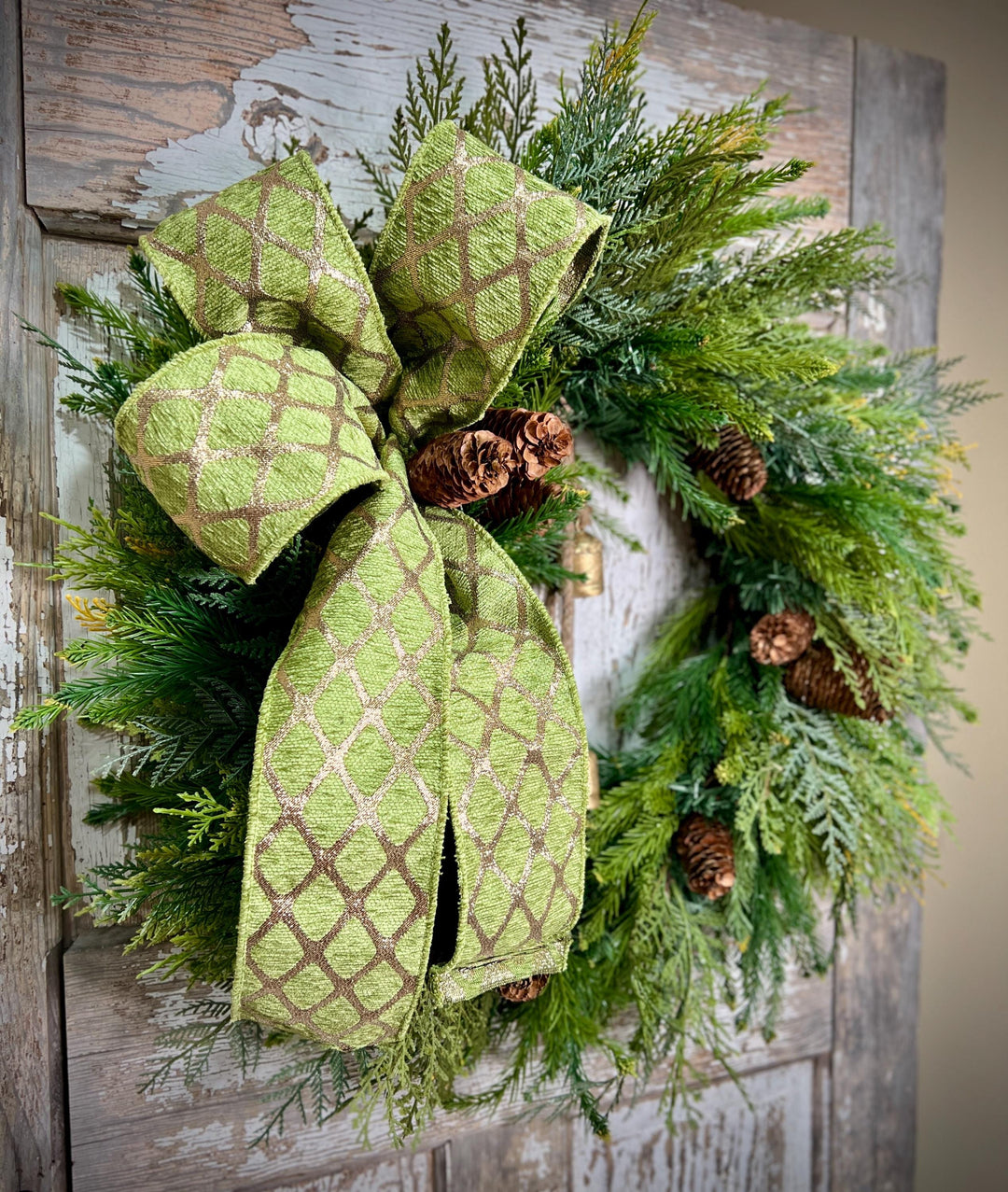 Woodland Cedar and Pine Christmas Wreath with Pine Cones -Designer Ribbon Bow and Gold Bells