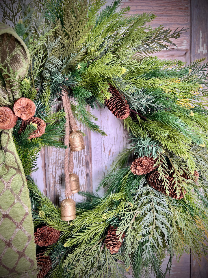 Woodland Cedar and Pine Christmas Wreath with Pine Cones -Designer Ribbon Bow and Gold Bells