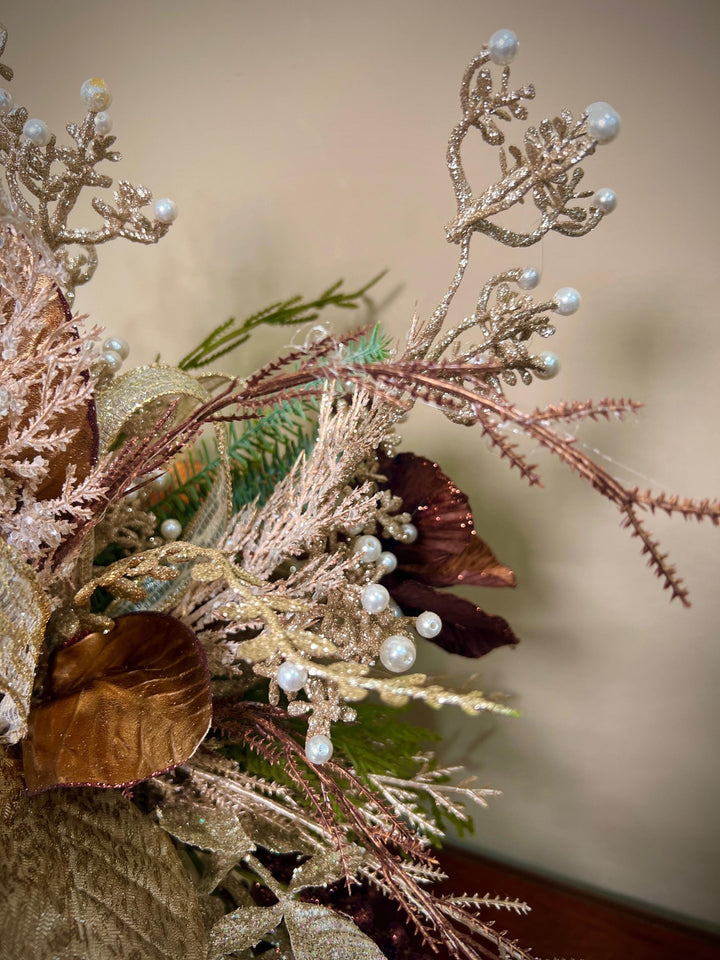 Unique Oranament arrangement with designer magnolias stacked on a wooden disc - Designer netting ribbon