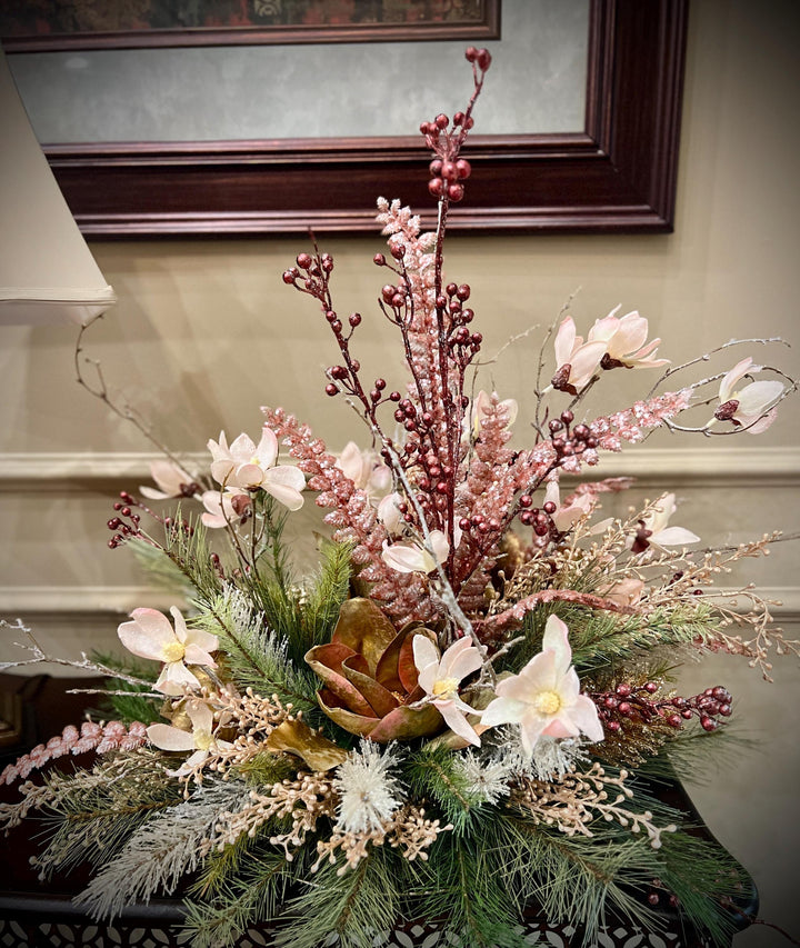Floral Centerpiece Arrangement for Winter or Christmas -Elegant Magnolias