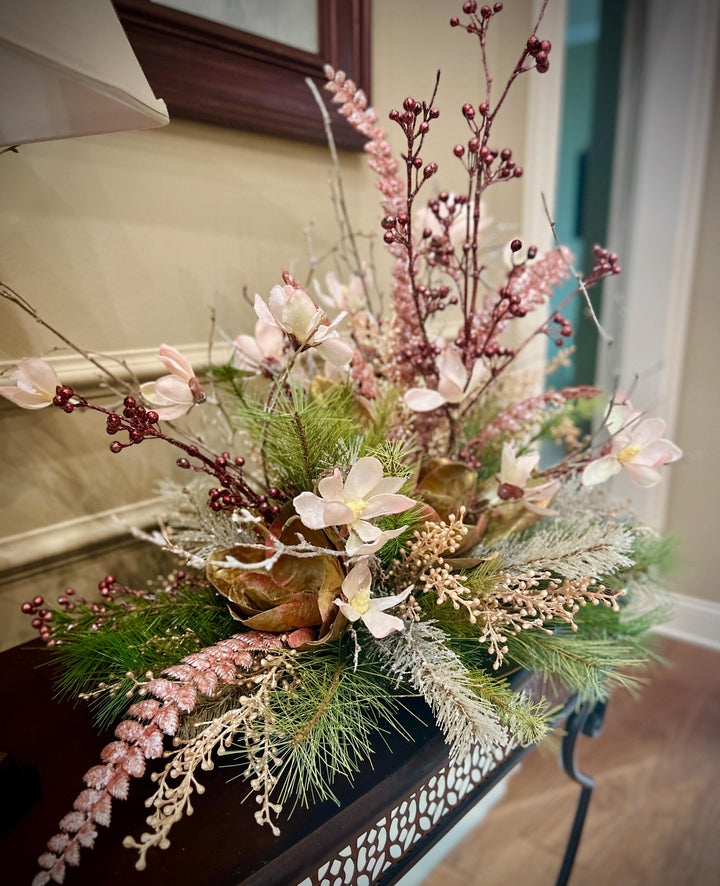 Floral Centerpiece Arrangement for Winter or Christmas -Elegant Magnolias