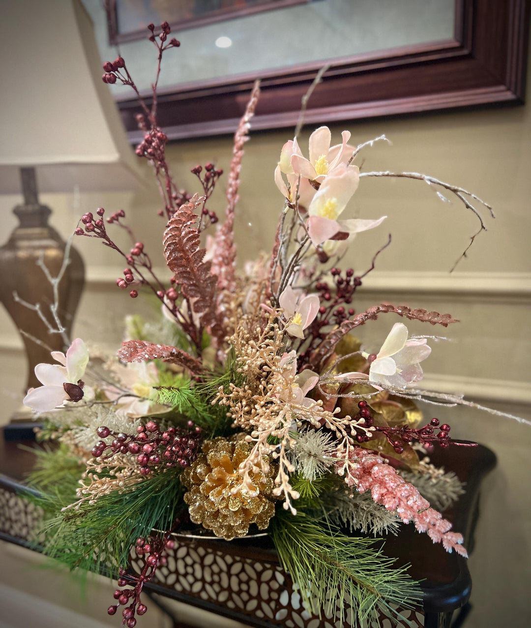Floral Centerpiece Arrangement for Winter or Christmas -Elegant Magnolias