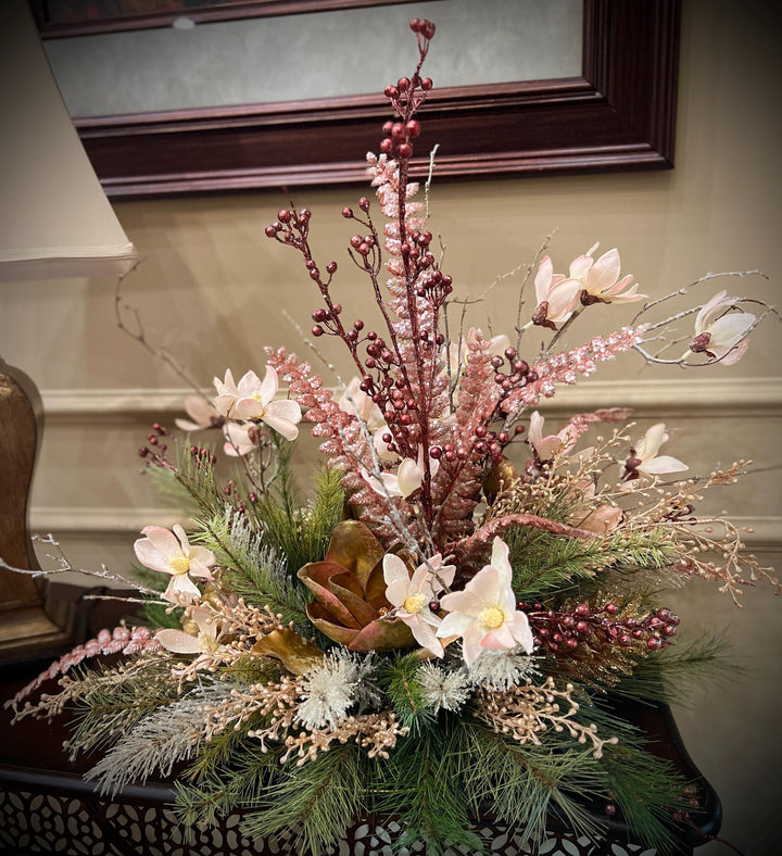 Floral Centerpiece Arrangement for Winter or Christmas -Elegant Magnolias