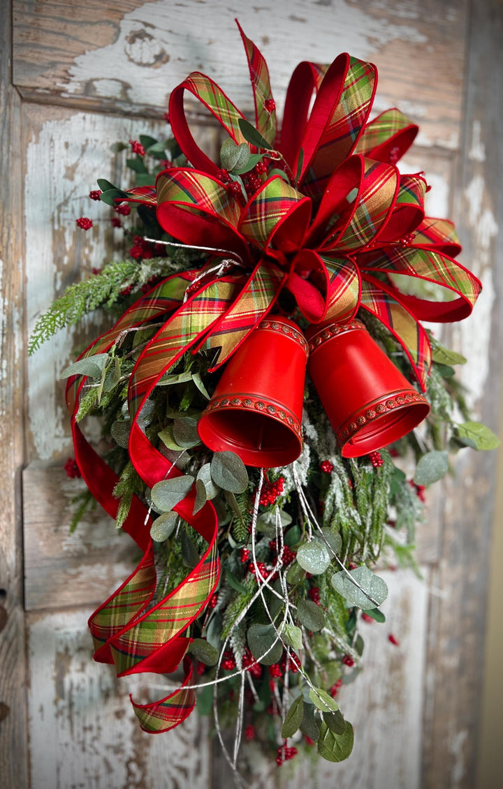 Teardrop Evergreen Swag, with Norfolk Snowy Pine, Berries, Cedar, Birch Twigs, Bells - Designer Bow