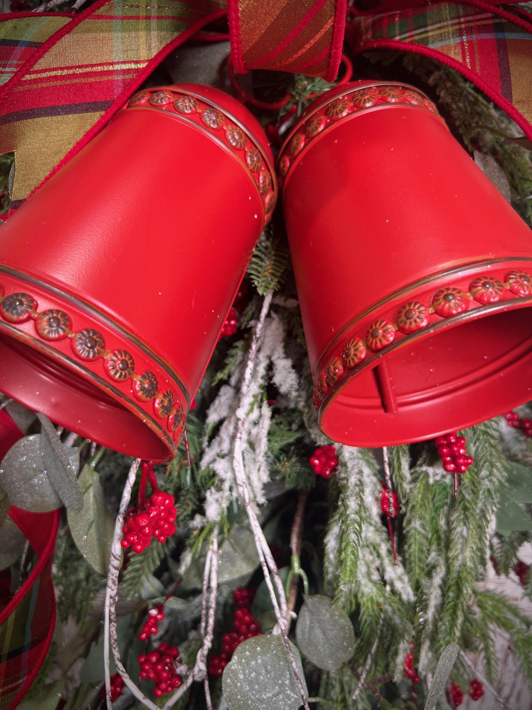 Teardrop Evergreen Swag, with Norfolk Snowy Pine, Berries, Cedar, Birch Twigs, Bells - Designer Bow