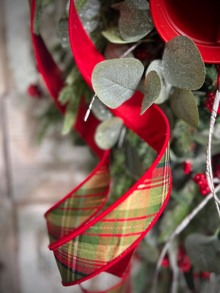 Teardrop Evergreen Swag, with Norfolk Snowy Pine, Berries, Cedar, Birch Twigs, Bells - Designer Bow