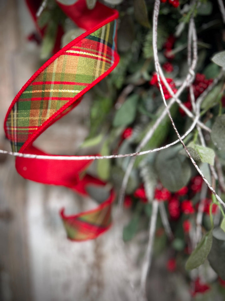 Teardrop Evergreen Swag, with Norfolk Snowy Pine, Berries, Cedar, Birch Twigs, Bells - Designer Bow
