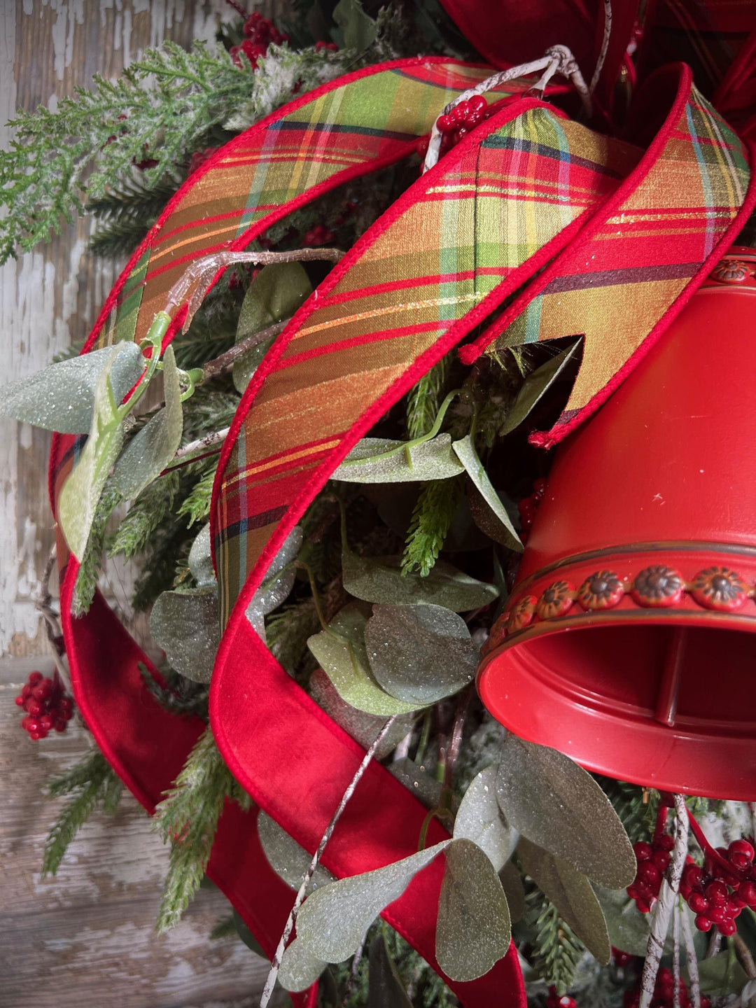 Teardrop Evergreen Swag, with Norfolk Snowy Pine, Berries, Cedar, Birch Twigs, Bells - Designer Bow