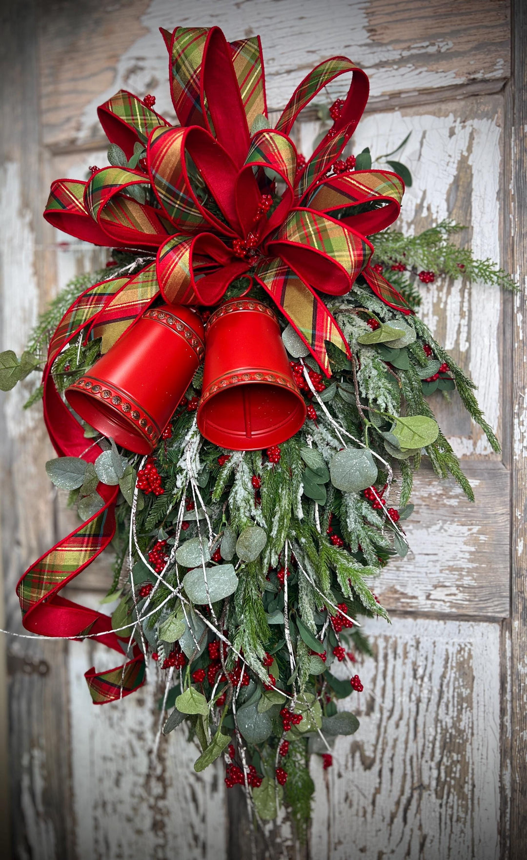 Teardrop Evergreen Swag, with Norfolk Snowy Pine, Berries, Cedar, Birch Twigs, Bells - Designer Bow