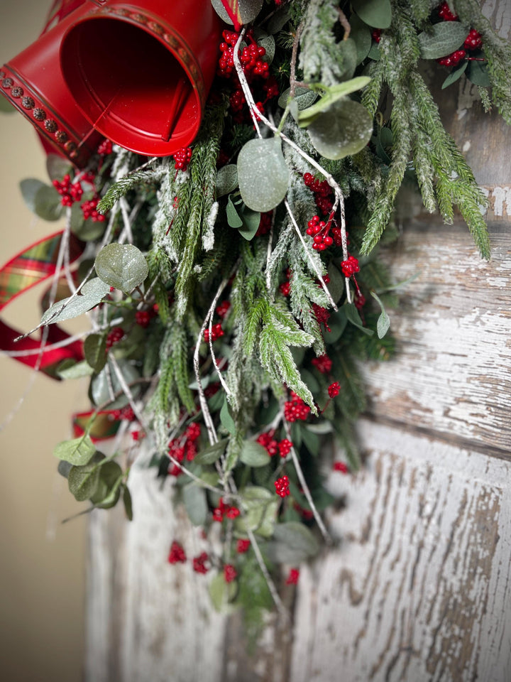 Teardrop Evergreen Swag, with Norfolk Snowy Pine, Berries, Cedar, Birch Twigs, Bells - Designer Bow