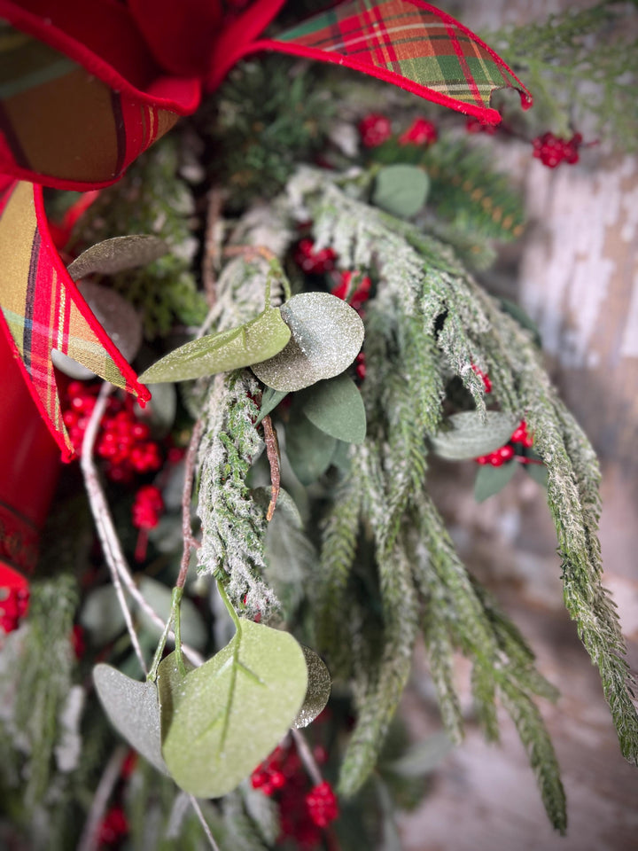 Teardrop Evergreen Swag, with Norfolk Snowy Pine, Berries, Cedar, Birch Twigs, Bells - Designer Bow