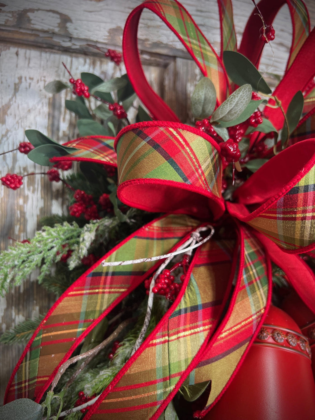 Teardrop Evergreen Swag, with Norfolk Snowy Pine, Berries, Cedar, Birch Twigs, Bells - Designer Bow