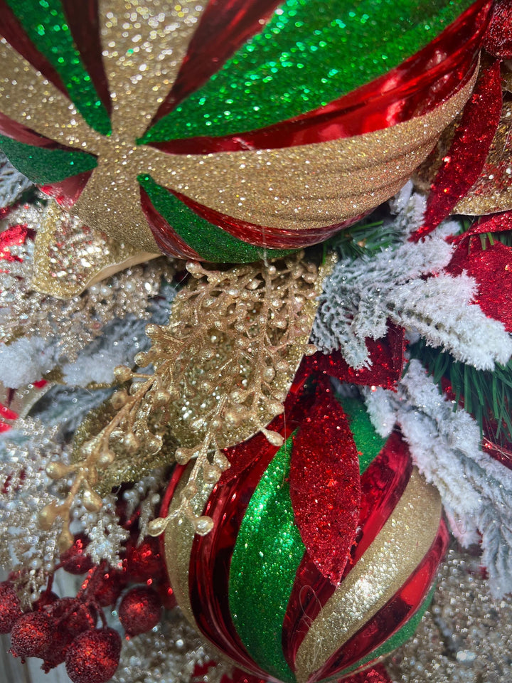 Deluxe Evergreen Christmas Swag with Pine, Large Ornaments and much more - Designer ribbon