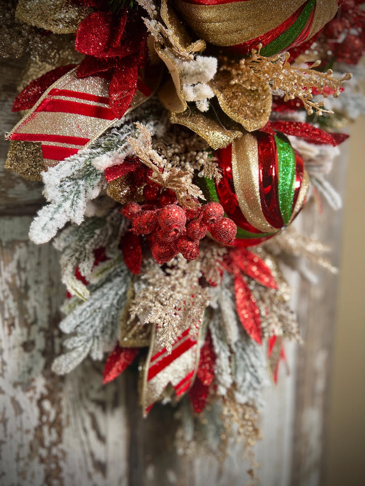 Deluxe Evergreen Christmas Swag with Pine, Large Ornaments and much more - Designer ribbon