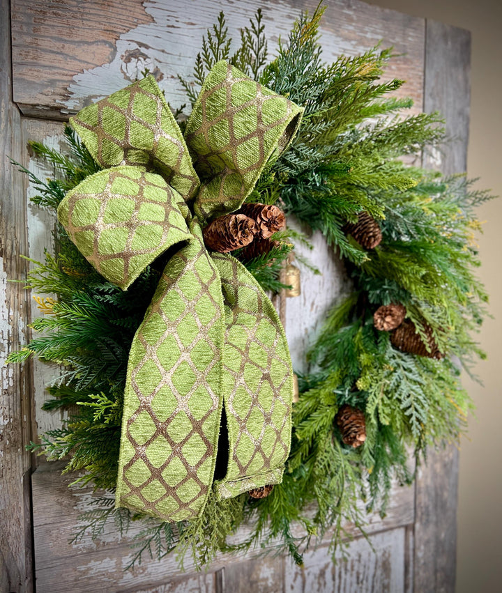 Woodland Cedar and Pine Christmas Wreath with Pine Cones -Designer Ribbon Bow and Gold Bells
