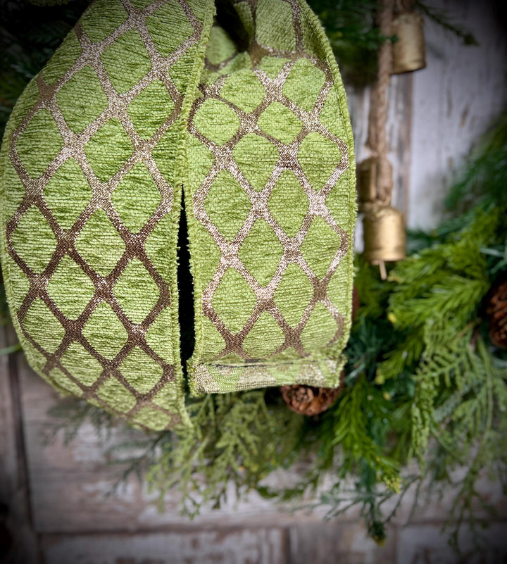 Woodland Cedar and Pine Christmas Wreath with Pine Cones -Designer Ribbon Bow and Gold Bells
