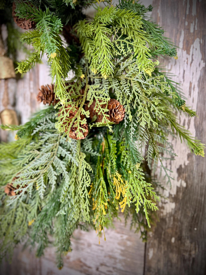 Woodland Cedar and Pine Christmas Wreath with Pine Cones -Designer Ribbon Bow and Gold Bells