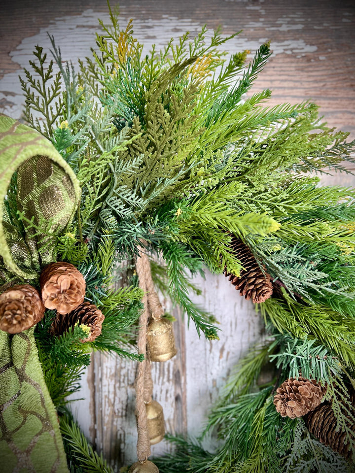 Woodland Cedar and Pine Christmas Wreath with Pine Cones -Designer Ribbon Bow and Gold Bells