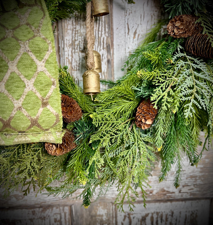 Woodland Cedar and Pine Christmas Wreath with Pine Cones -Designer Ribbon Bow and Gold Bells