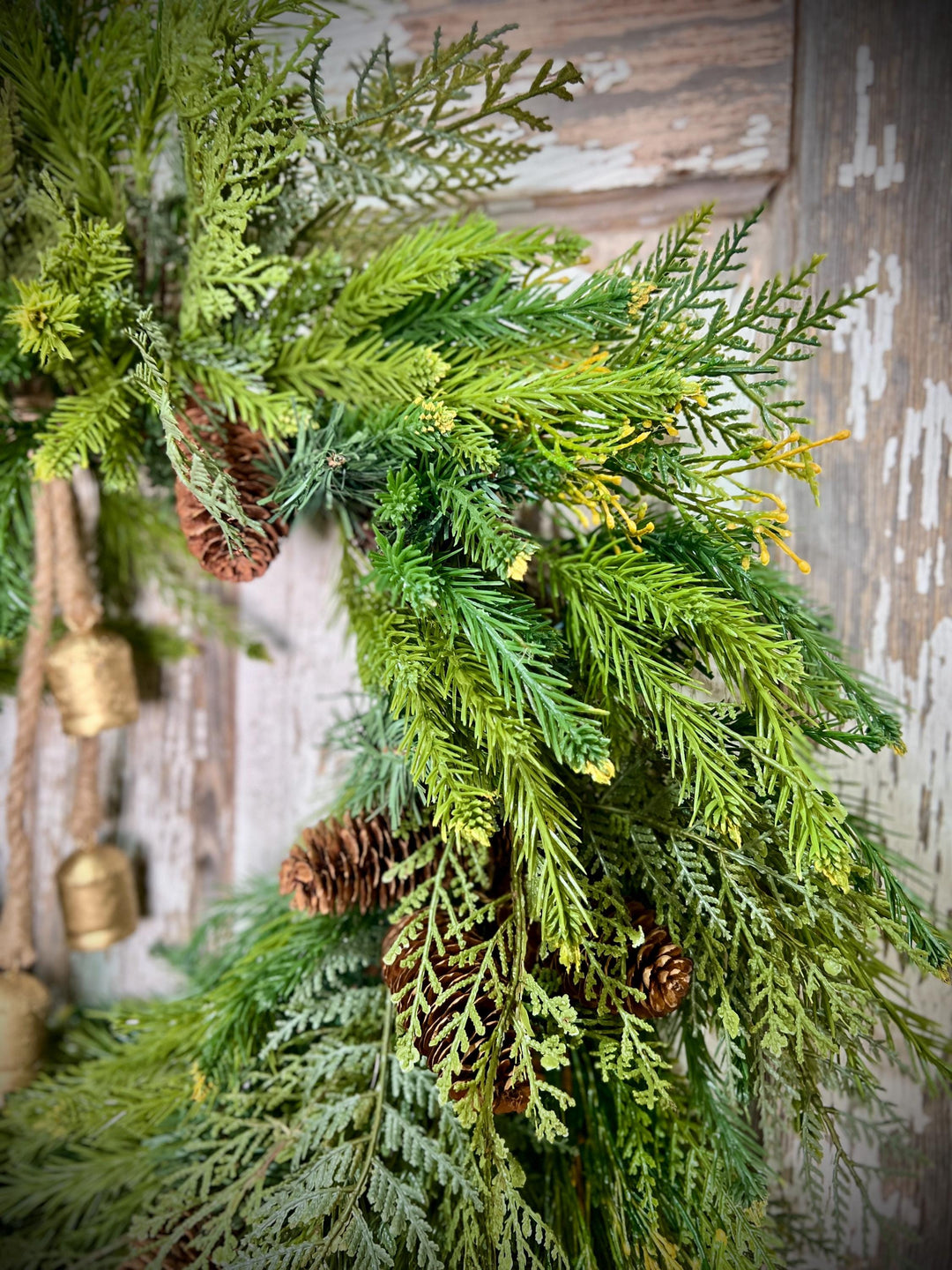 Woodland Cedar and Pine Christmas Wreath with Pine Cones -Designer Ribbon Bow and Gold Bells
