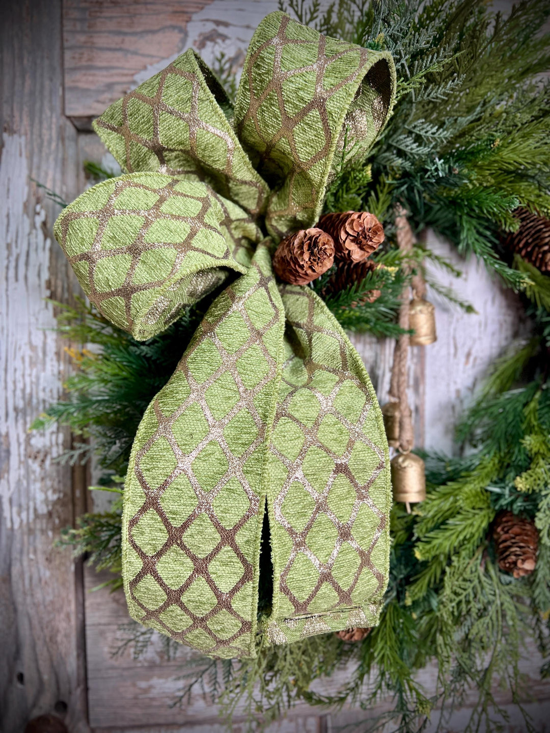 Woodland Cedar and Pine Christmas Wreath with Pine Cones -Designer Ribbon Bow and Gold Bells