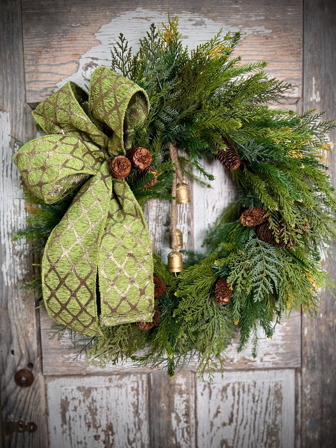 Woodland Cedar and Pine Christmas Wreath with Pine Cones -Designer Ribbon Bow and Gold Bells