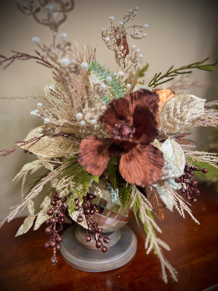 Unique Oranament arrangement with designer magnolias stacked on a wooden disc - Designer netting ribbon