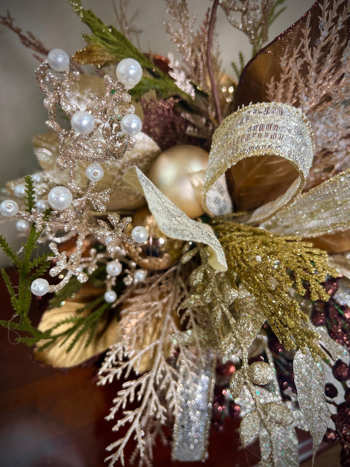 Unique Oranament arrangement with designer magnolias stacked on a wooden disc - Designer netting ribbon