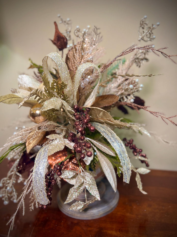 Unique Oranament arrangement with designer magnolias stacked on a wooden disc - Designer netting ribbon