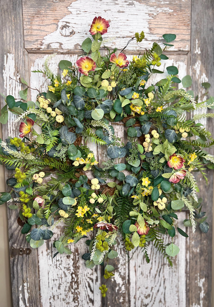 Spring Poppy, Fern, Berry and Eucalyptus Wreath - Twig Metal Base