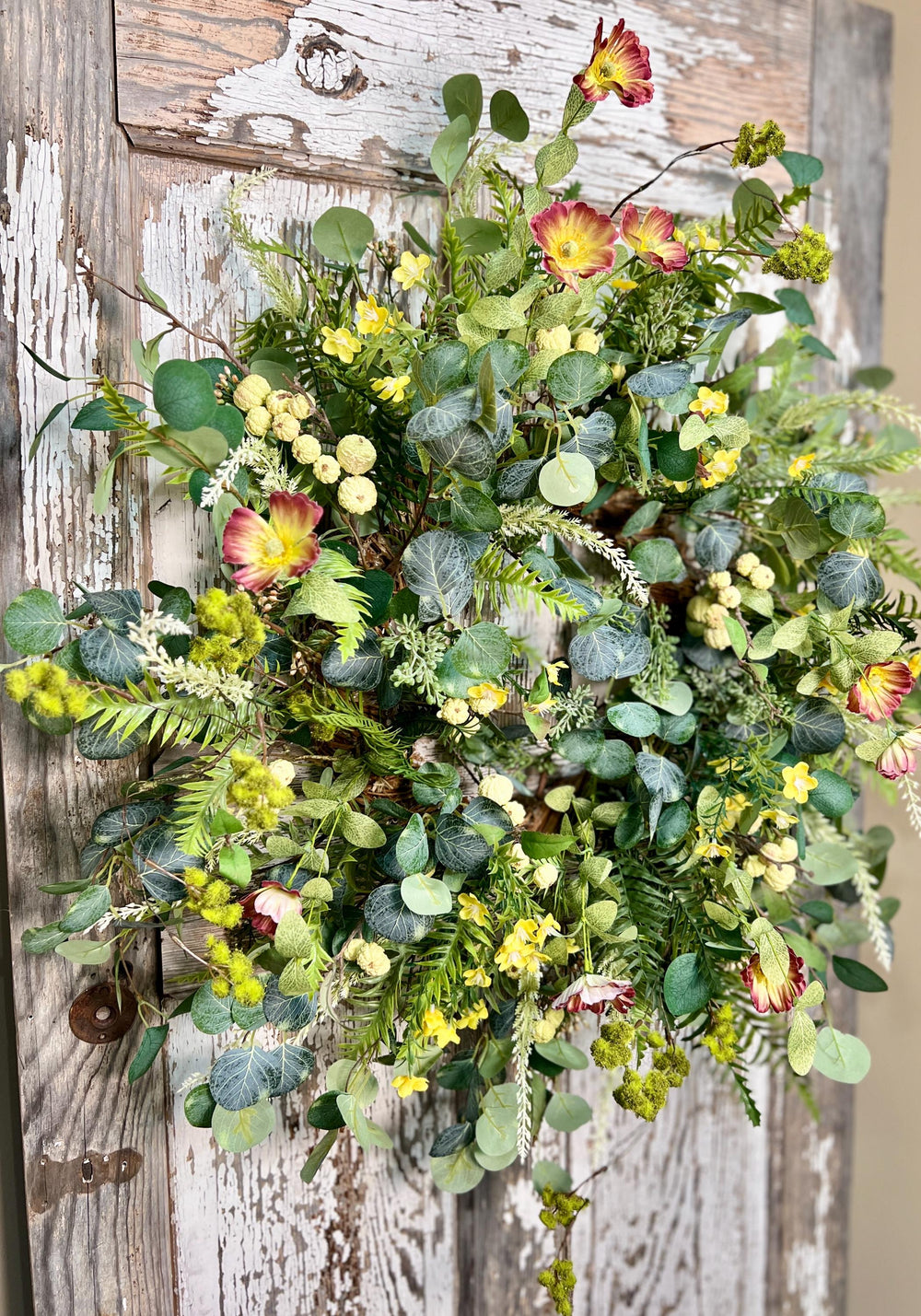 Spring Poppy, Fern, Berry and Eucalyptus Wreath - Twig Metal Base