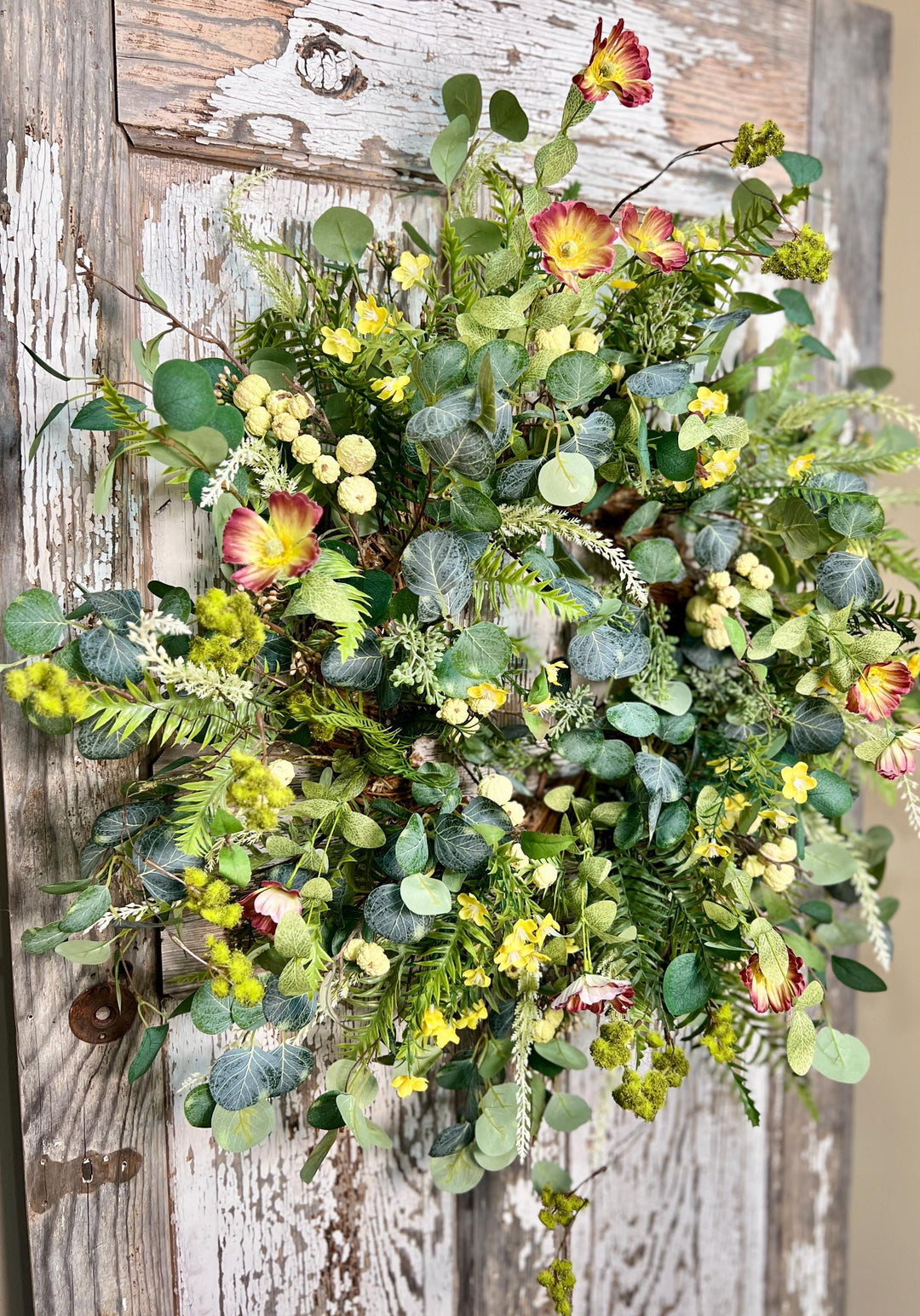 Spring Poppy, Fern, Berry and Eucalyptus Wreath - Twig Metal Base