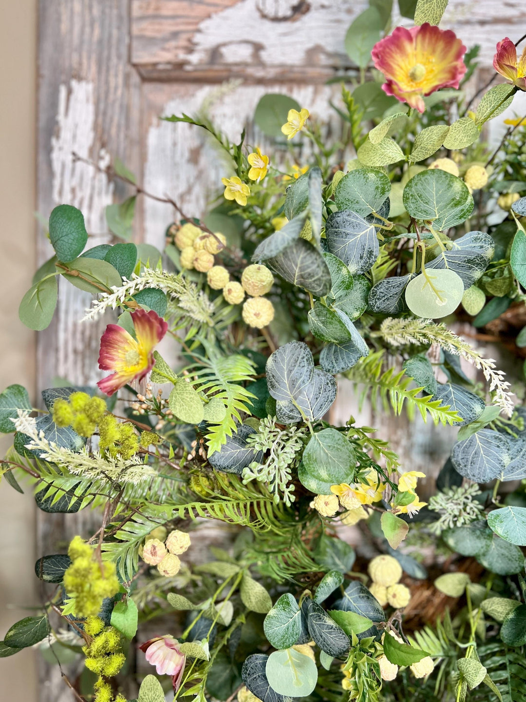 Spring Poppy, Fern, Berry and Eucalyptus Wreath - Twig Metal Base