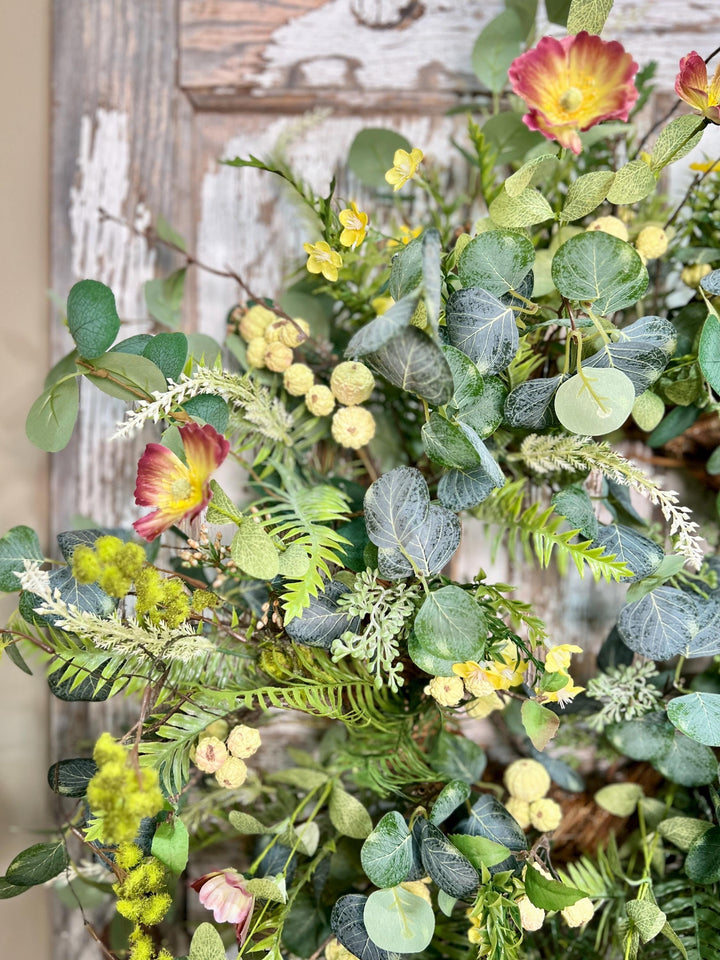 Spring Poppy, Fern, Berry and Eucalyptus Wreath - Twig Metal Base