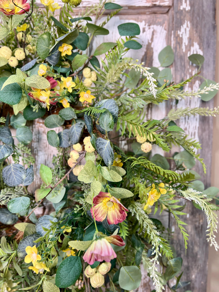 Spring Poppy, Fern, Berry and Eucalyptus Wreath - Twig Metal Base