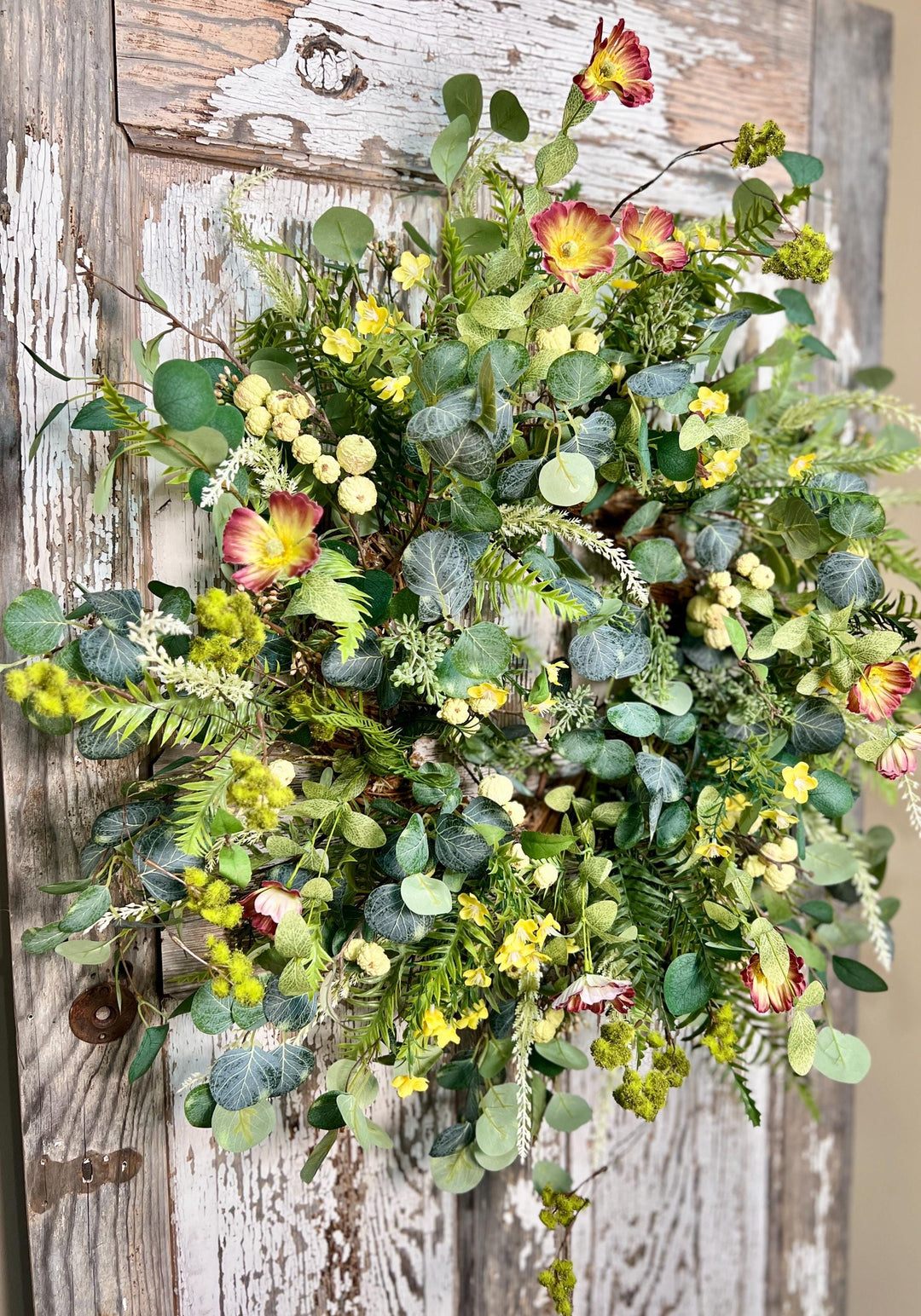 Spring Poppy, Fern, Berry and Eucalyptus Wreath - Twig Metal Base