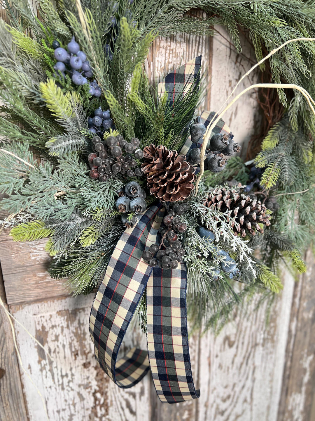 Winter Pine and Pine Cone Grapevine Wreath - Winter Blueberries and plaid ribbon