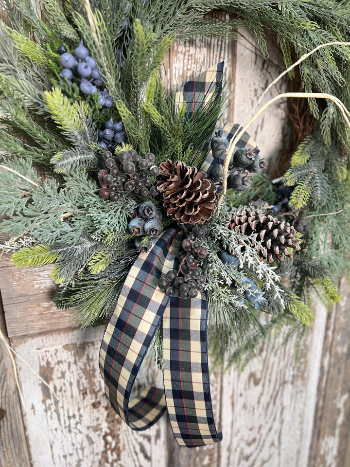 Winter Pine and Pine Cone Grapevine Wreath - Winter Blueberries and plaid ribbon