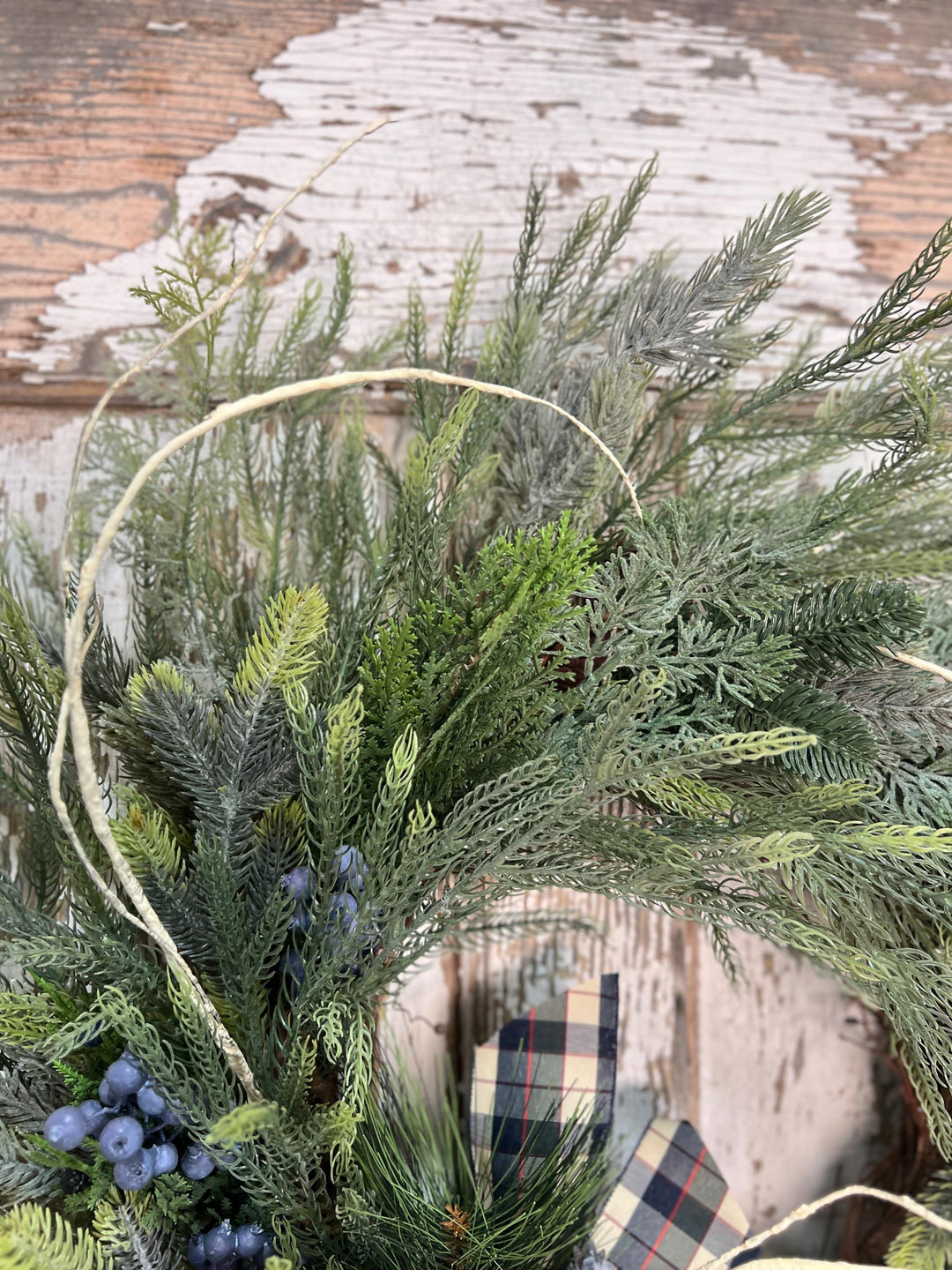 Winter Pine and Pine Cone Grapevine Wreath - Winter Blueberries and plaid ribbon