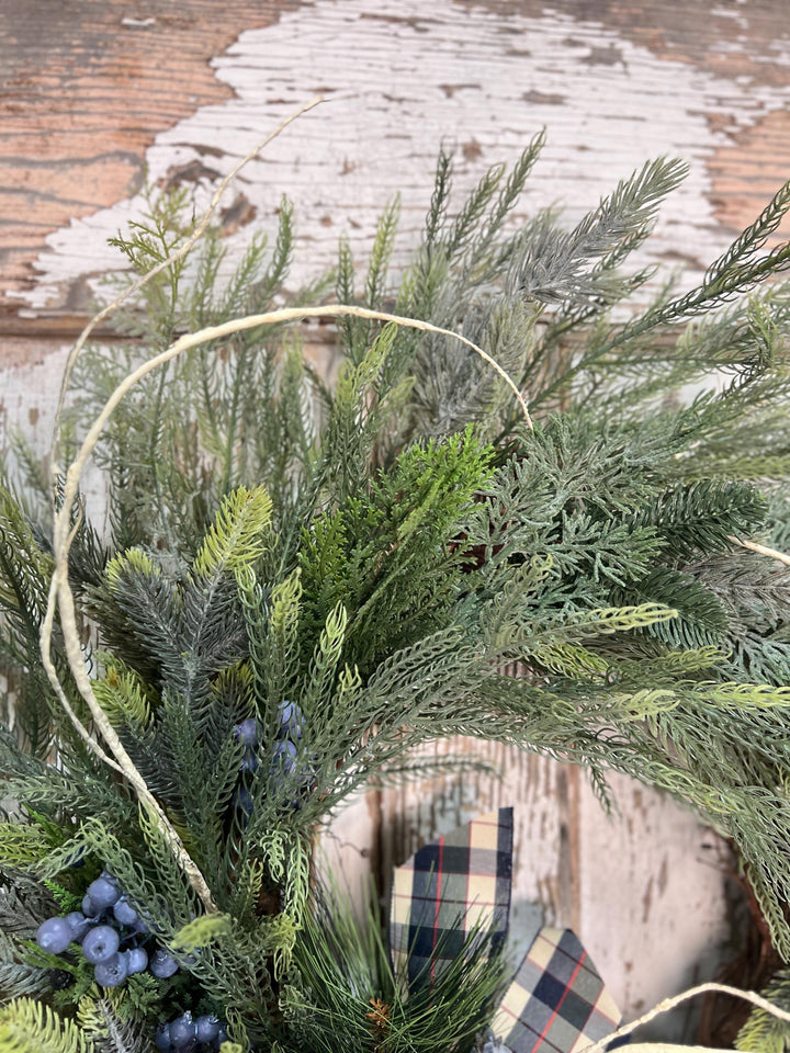 Winter Pine and Pine Cone Grapevine Wreath - Winter Blueberries and plaid ribbon