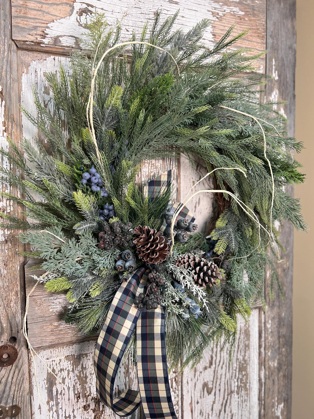Winter Pine and Pine Cone Grapevine Wreath - Winter Blueberries and plaid ribbon