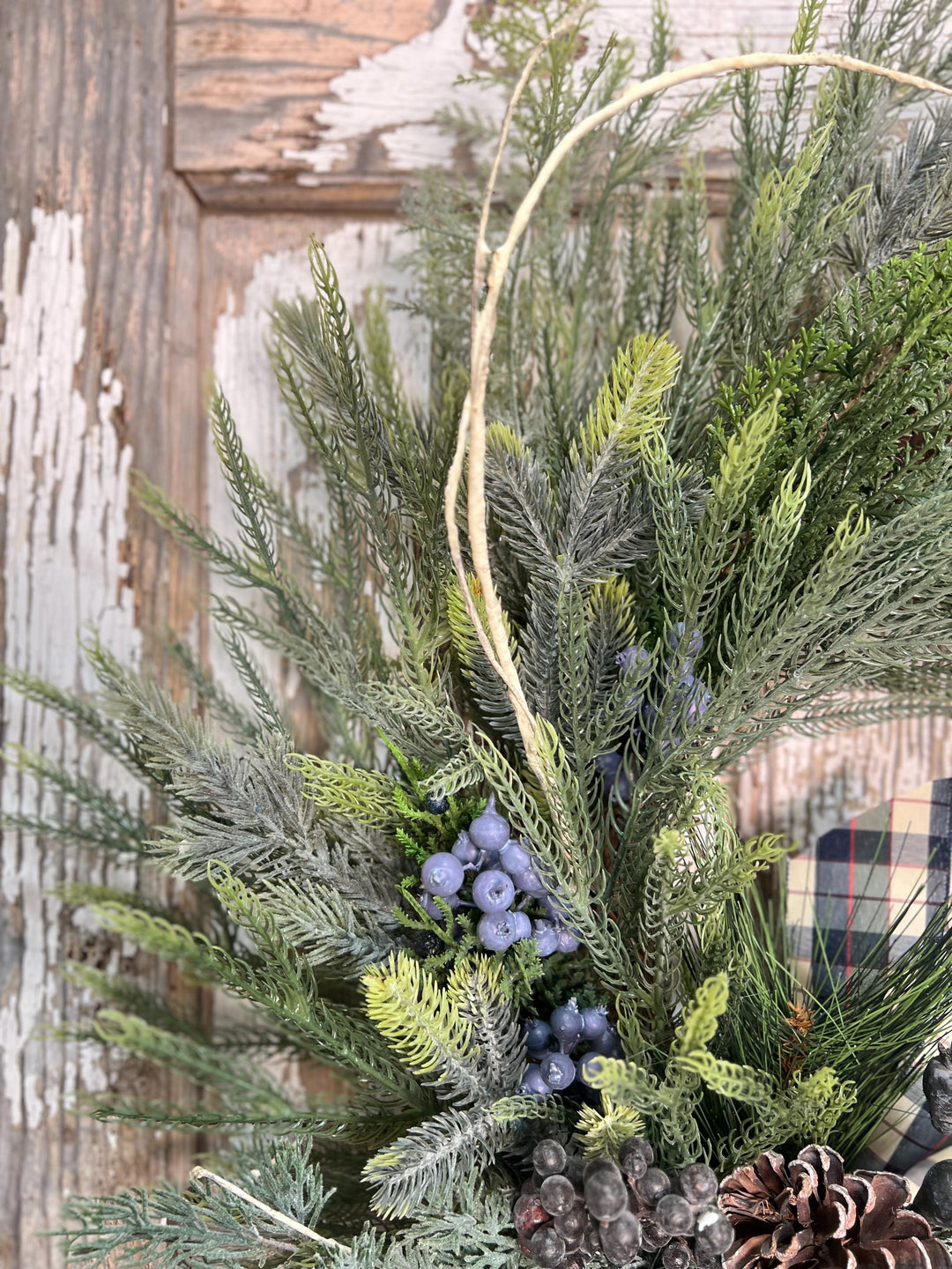 Winter Pine and Pine Cone Grapevine Wreath - Winter Blueberries and plaid ribbon