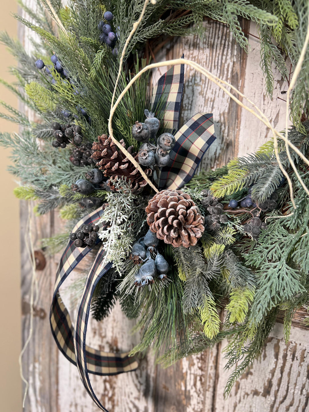 Winter Pine and Pine Cone Grapevine Wreath - Winter Blueberries and plaid ribbon