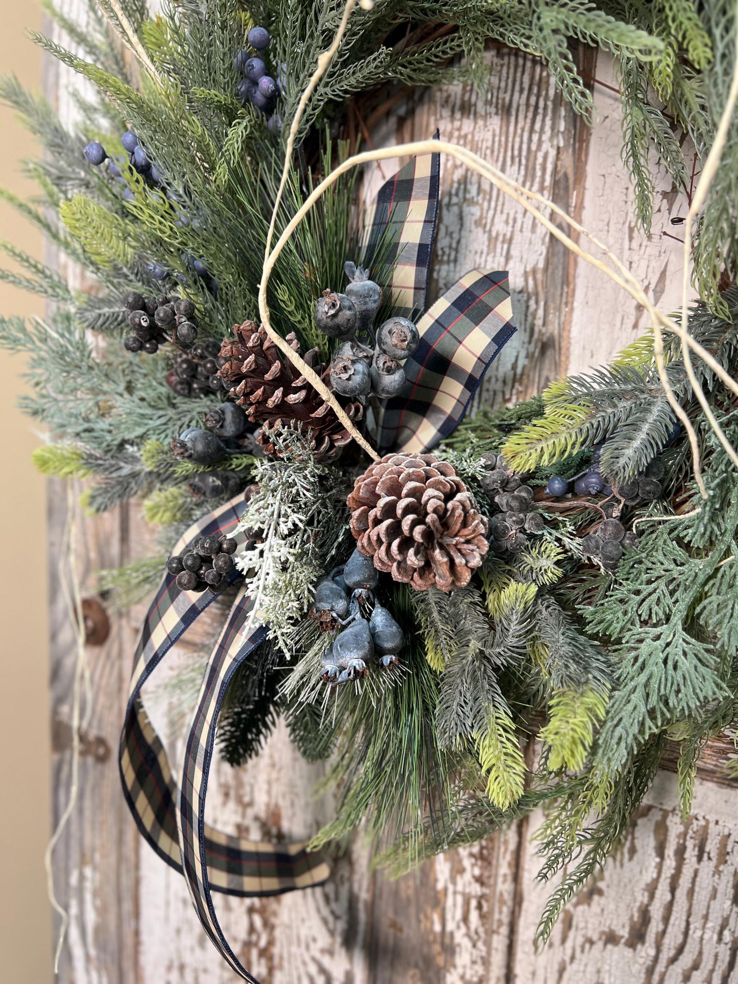 Winter Pine and Pine Cone Grapevine Wreath - Winter Blueberries and plaid ribbon
