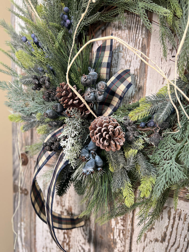 Winter Pine and Pine Cone Grapevine Wreath - Winter Blueberries and plaid ribbon