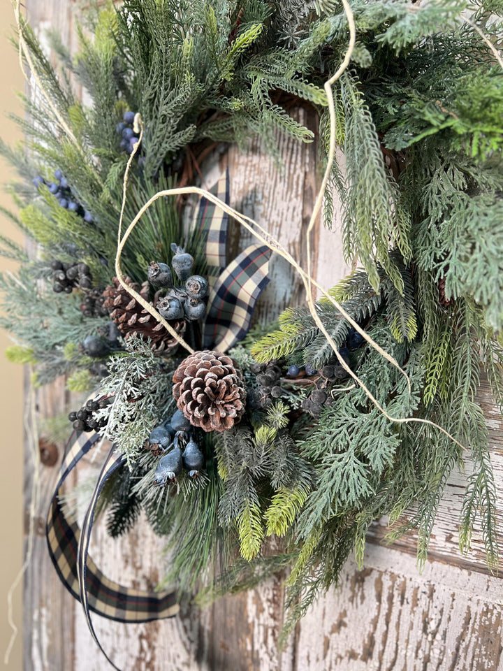 Winter Pine and Pine Cone Grapevine Wreath - Winter Blueberries and plaid ribbon