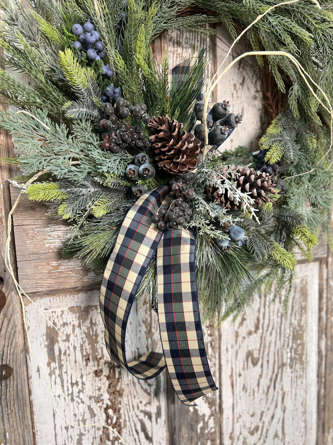 Winter Pine and Pine Cone Grapevine Wreath - Winter Blueberries and plaid ribbon